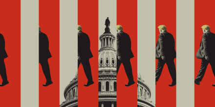 Photo illustration of Donald Trump walking from one side of the frame to the other, with the Capitol building interspersed between him.