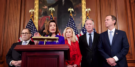 Image: House Speaker Nancy Pelosi holds a press conference with other ranking Democrats to unveil articles of impeachment against President Donald Trump at the Capitol on Dec. 10, 2019.