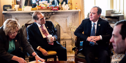 Image: From left, Reps. Zoe Lofgren (D-Calif.), Jerrold Nadler (D-N.Y.), Adam Schiff (D-Calif.) and other House impeachment managers meet in their ante room off the floor of the Senate before the start of the day's proceedings in the Senate impeachment tr