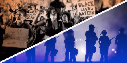 Image: Photo illustration shows a Black Lives Matter protest next to police with batons and shields.
