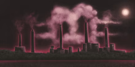 Illustration of a power plant at night with emissions rising in the shape of a Bitcoin \"B\" logo.