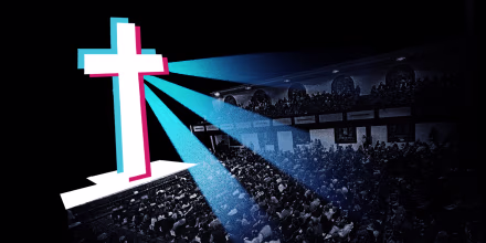 A digital collage illustration of the Asbury University church, with a large cross on the stage, treated to resemble the TikTok logo.