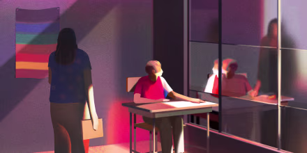 Illustration of a teacher and student inside a classroom with a pride flag; the student looks through windowpanes reflecting their mother and home life.