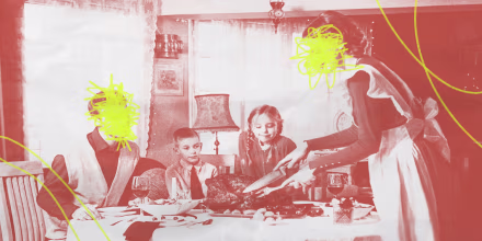 Old family photo of two children and their parents cutting a turkey, the parents faces are scribbled out in neon yellow