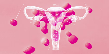 Photo illustration of female reproductive system and scattered pills 