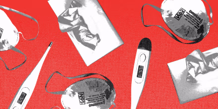 Repeating pattern of thermometers, N95 masks, and tissue boxes against a red background.
