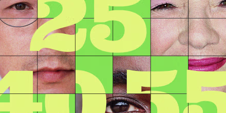 A grid of faces, young and old, with large numbers: 25, 40 and 55.