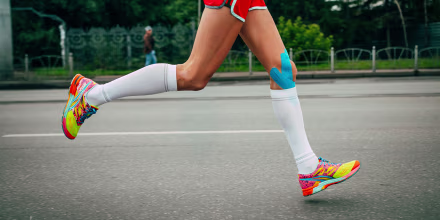 Image: A girl athlete running with her knees in blue kinesiology taping 