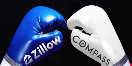 Photo illustration of two boxing gloves labelled "Zillow" and "Compass"