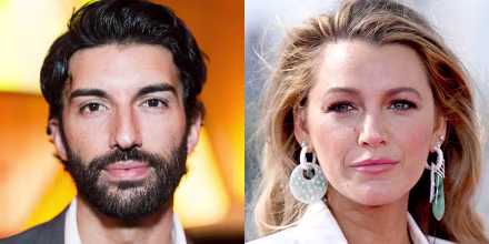 A split composite image of Justin Baldoni, left, and Blake Lively.