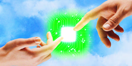Two hands reach out, in the style of "The Creation of Adam," against a blue sky. A glowing green computer chip hovers between the fingers.