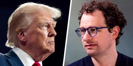A split composite image of Donald Trump, left, and Dario Amodei