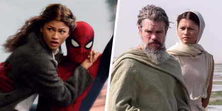 A split composite image showing Zendaya and Tom Holland swinging mid-air while holding on to one another, Holland in his spiderman costume, and right, Matt Damon and Zendaya standing next to one another outside