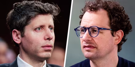 A split composite image of Sam Altman, left, and Dario Amodei