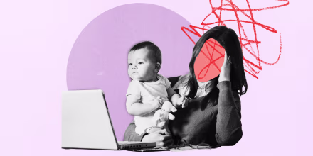 collage of stressed mom working on computer