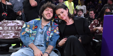 Benny Blanco and Selena Gomez attend a basketball game between the Los Angeles Lakers and the New Orleans Pelicans at Crypto.com Arena on November 30, 2025 in Los Angeles, California.