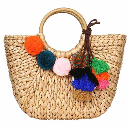 Summer Rattan Bag for Women Straw Hand-woven Top-handle Handbag Beach Sea Straw Rattan Tote Clutch Bags (Khaki Bag with Pendant)