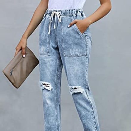 Sidefeel Women Distressed Pockets Denim Joggers Elastic Drawstring Waist Jeans Pants Medium Light Blue