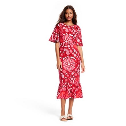 Large Zinnia Floral Print Bell Sleeve Midi Dress