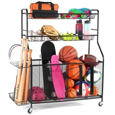 Ball Rack Organizer Holder For Garage - Indoor &amp; Outdoor Large Garage Sports Equipment Organizer With Baskets, Rolling Wheels &amp; Breaks