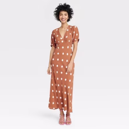 Crepe Puff Short Sleeve Midi Dress
