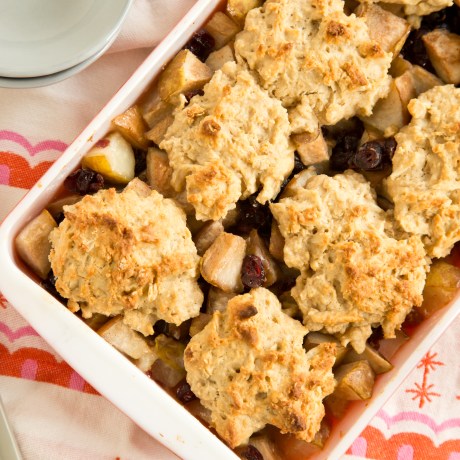 Breakfast Fruit Cobbler: Bake uncovered for about 45 minutes, until the fruit is softened, its liquid is bubbling around the edges of the dish and the cobbler topping is golden brown and crispy.