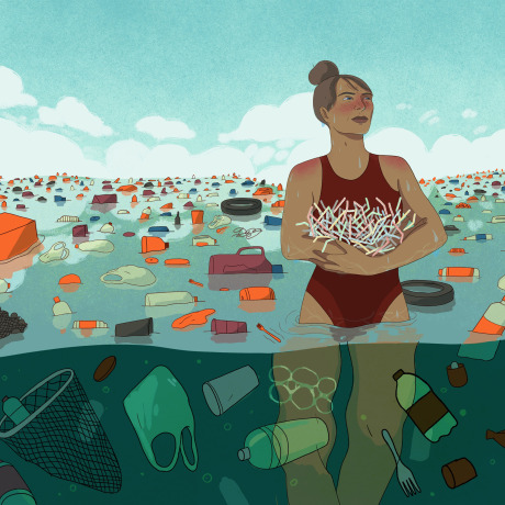 Illustration of woman holding straws in an ocean full of plastic garbage.
