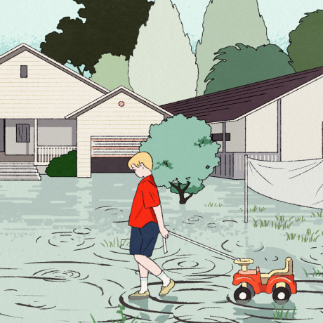 Illustration of child walking on a flooded street.