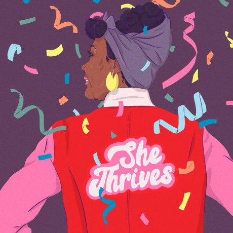 Illustration of woman wearing a jacket with \"She Thrives\" embroidered on the back.