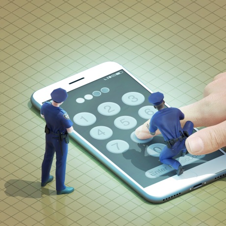 Illustration of three police offers forcing a hand to enter a phone passcode.