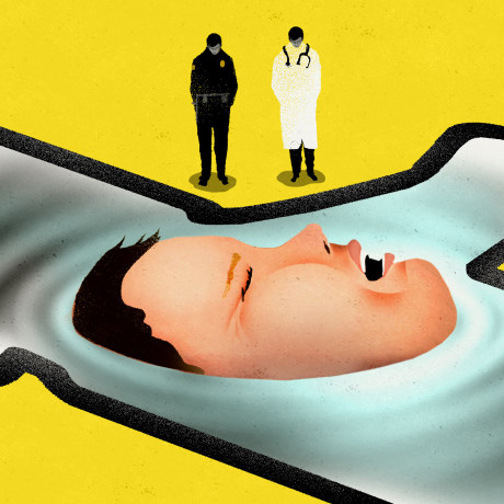 Illustration of a police officer and doctor watching as a head emerges from bleach inside of a Facebook thumb icon.