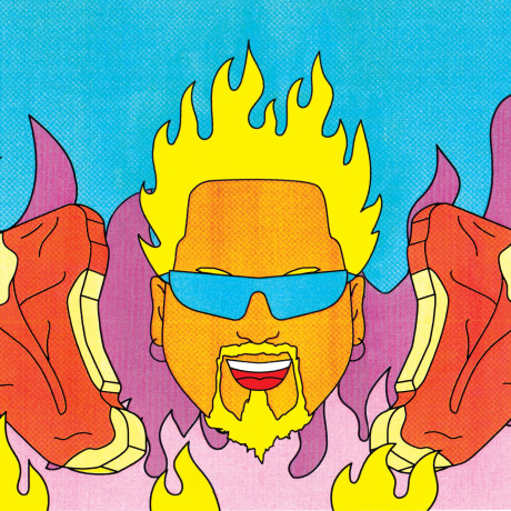 Illustration of Guy Fieri flanked by steaks and vegetables as a smoke rises behind him.