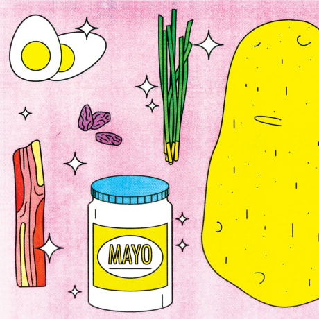 Illustration of ingredients to make different kinds of potato salad.