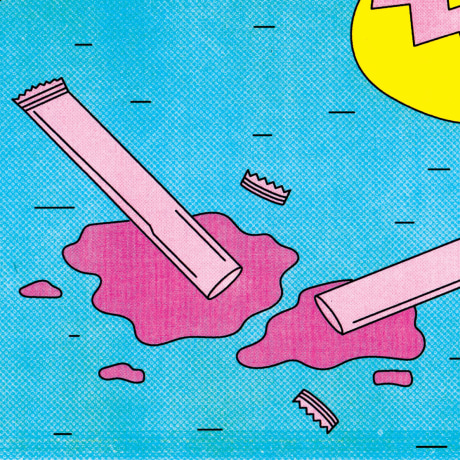 Illustration of ice pops open and melting on a summery sidewalk.