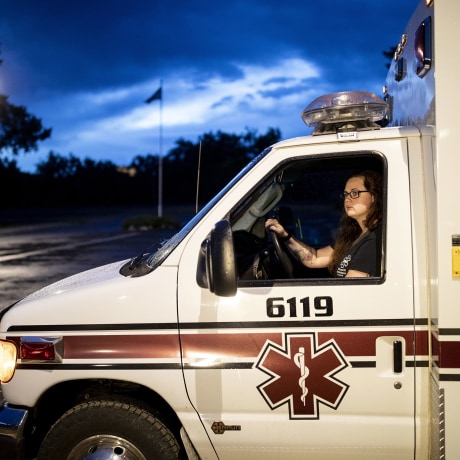 Rebecca Bumgardner drives the ambulance in Marmarth, N.D.