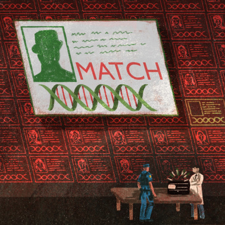 Illustration of a DNA match screen appearing on a wall of DNA info as a police officer and technician stand in front of a rapid DNA machine.