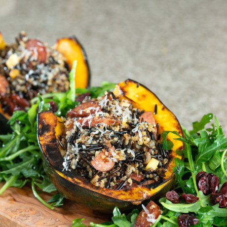 Stuffed Acorn Squash with Mixed Grains, Apples and Chorizo
