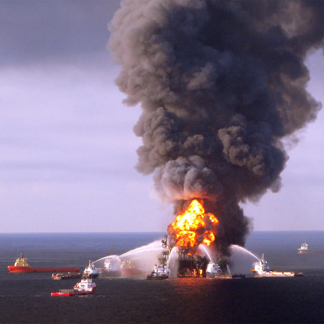 Image: Fire boat response crews as they battle the blazing remnants of the off shore oil rig Deepwater Horizon, on April 21, 2010.