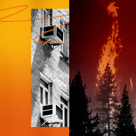 Illustration of air conditioners, trees on fire in California, and a temperature gauge showing over 120 degrees Fahrenheit.