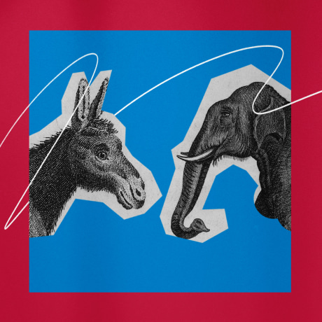 Illustration of the Democratic Donkey and Republican Elephant facing one another