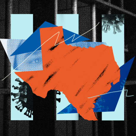 Photo illustration: Against a prison cell in the background, blue strips show Covid-19 spores, fragments of a boy's photo and the map of Texas.