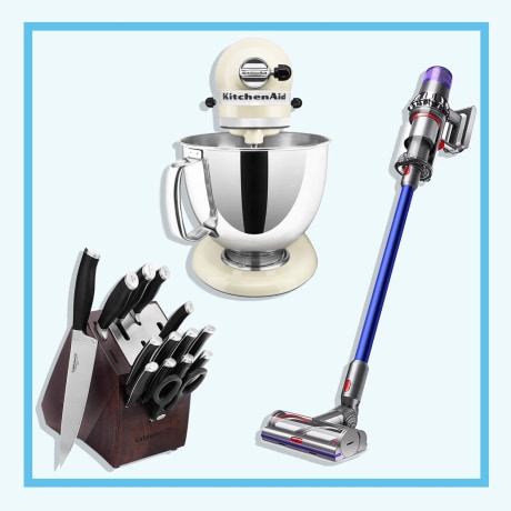 Illustration of a couple getting married and a Calphalon Self-Sharpening 15-Piece Knife Block Set , KitchenAid Artisan 5-Quart Stand Mixer and a Dyson V11 vacuum