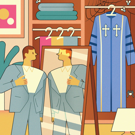 Illustration of a man putting on a suit while his pastor robes hang in a closet with cobwebs and flies.