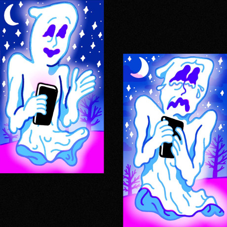 Illustrations of a happy ghost holding a phone while waving goodbye and a sad ghost clutching a phone.