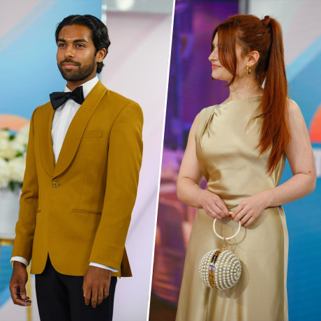 Split image of two people wearing stylish wedding outfits and a couple wearing outfits for a wedding