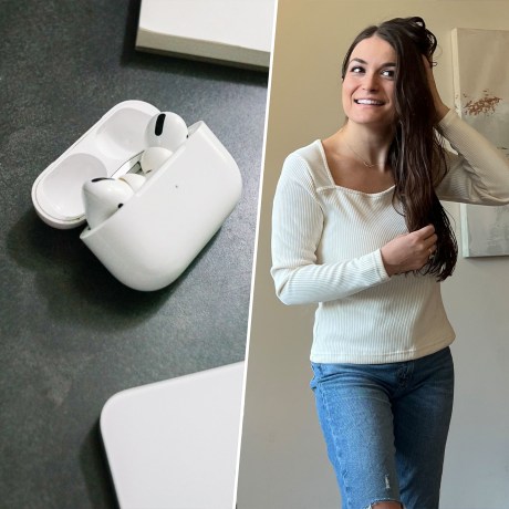 Split image of Apple AirPods and someone touching their hair while looking in the mirror
