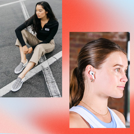 Woman wearing Vans, Woman with an A necklace around her neck and Woman with AirPods in her ear