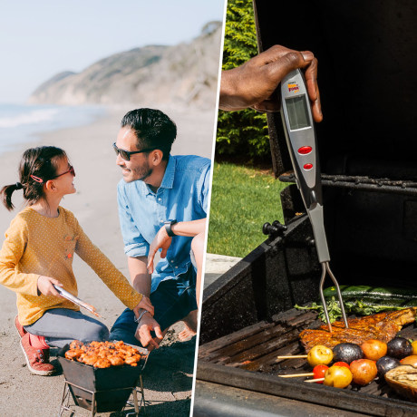 Image of a Father and daughter grilling on the beach, a grill pizza pan and a close up of a grill thermometer