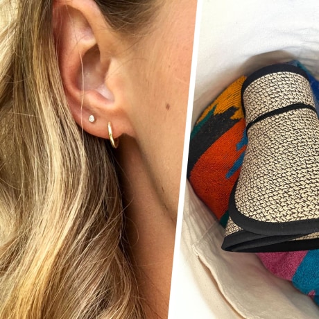 Gold small hoop earring, rolled up summer hat and a Woman wearing shapewear