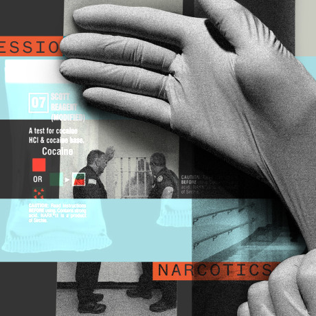 Photo illustration: Image of a hand wearing nitrile gloves over scenes from a correctional unit, two correctional officers standing next to the pharmacy and officers taking an inmate in handcuffs. Packets of drug testing kits are juxtaposed over the image